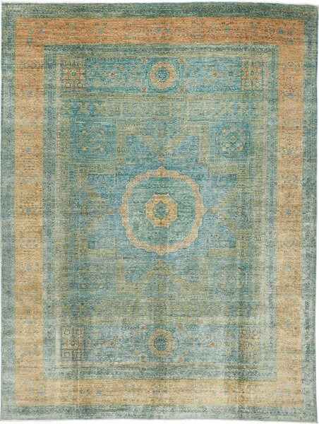 Tappeto Mamlouk Pakistan Medaglione Verde Acqua Ocra 273x352 Cm