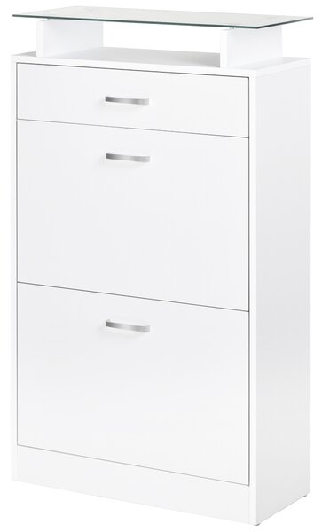 HOMCOM Scarpiera Moderno con 2 Ante ribaltabili a 2 Livelli e Cassetto, in Legno con ripiano superiore in vetro, 60x24x105.5cm, Bianco|Aosom Italy