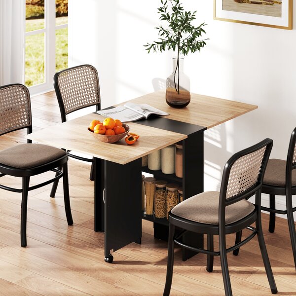 HOMCOM Tavolo Pieghevole Consolle per 4-6 persone con Ruote e Ripiani, 140x75x74cm, Rovere e Nero