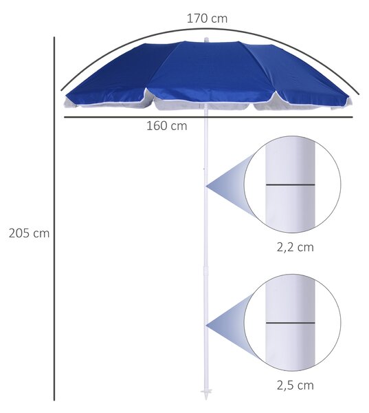 Outsunny Ombrellone da Spiaggia Inclinabile con Fodera Riflettente, in Acciaio e Poliestere, Ø1.7x2.05 m, Blu