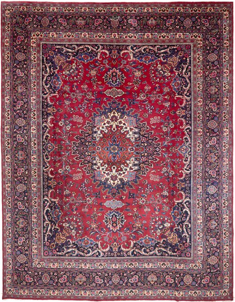 Tappeto Mashad Persia Medaglione Rosso Blu 318x408 Cm