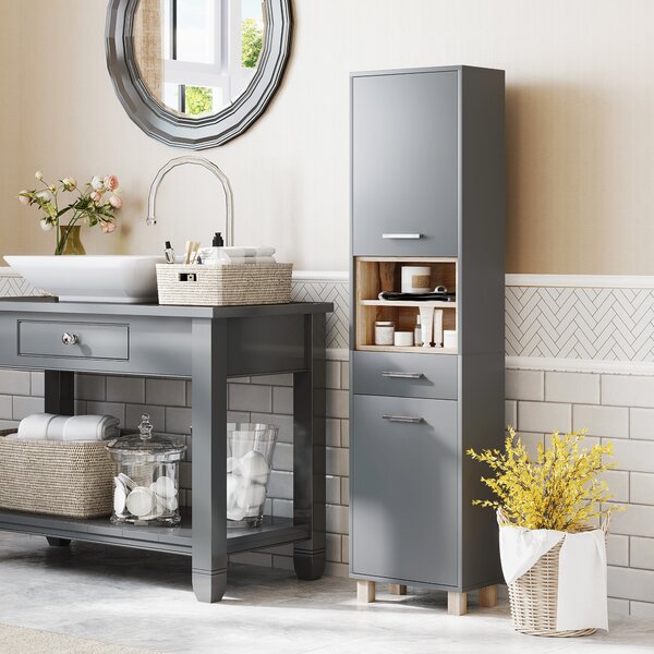 HOMCOM Colonna Bagno Moderna con Cassetto e Armadietti in Legno e Lega di Alluminio, 40x24x160 cm, Grigio