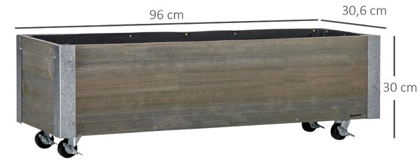Outsunny Fioriera Rettangolare in Legno di Abete con Ruote e Freno, 96x30.6x30 cm, Grigio