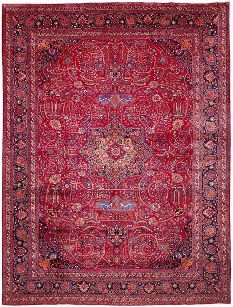 Tappeto Mashad Persia Medaglione Rosso Blu 303x400 Cm