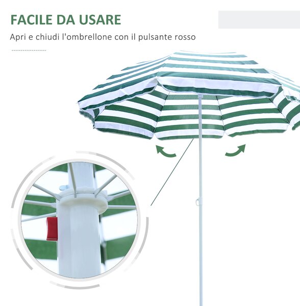 Outsunny Ombrellone da Spiaggia Inclinabile e Rotondo in Metallo e Poliestere, Ø1.8x2 m, Verde e Bianco