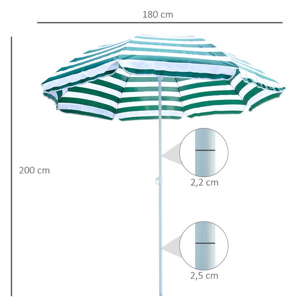 Outsunny Ombrellone da Spiaggia Inclinabile e Rotondo in Metallo e Poliestere, Ø1.8x2 m, Verde e Bianco