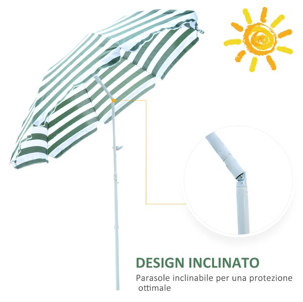 Outsunny Ombrellone da Spiaggia Inclinabile e Rotondo in Metallo e Poliestere, Ø1.8x2 m, Verde e Bianco