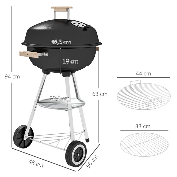 Outsunny Barbecue a Carbonella con Griglia in Acciaio, Coperchio e Prese d'Aria e Ruote, Nero