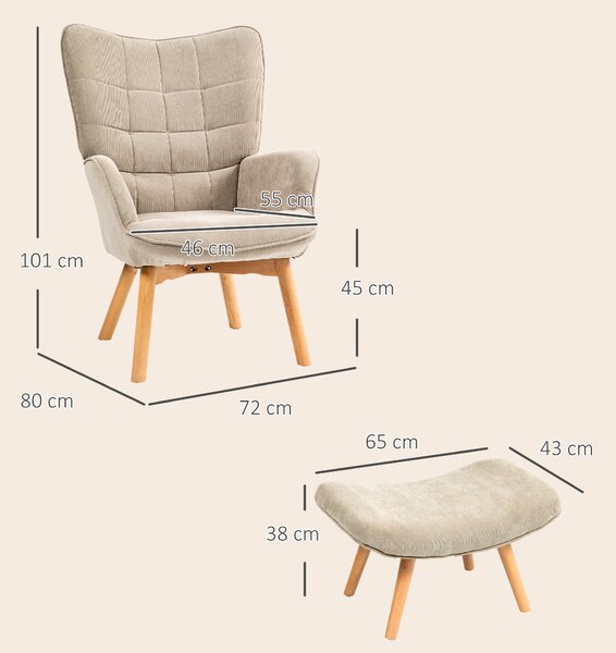 HOMCOM Poltrona con Poggiapiedi in Stile Contemporaneo, in Tessuto Effetto Velluto, 72x80x101 cm, Marrone Chiaro | Aosom Italy