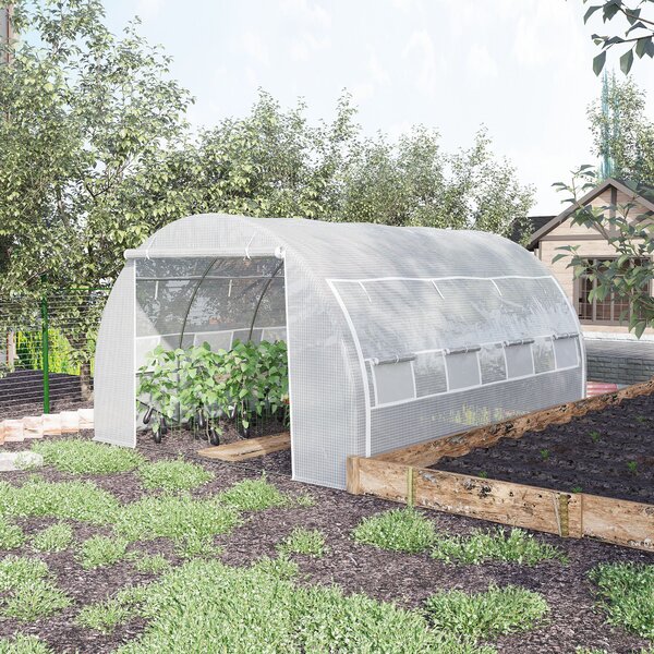 Outsunny Serra a Tunnel con Porta, Pannelli e 8 Finestre Avvolgibili, in Acciaio Zincato e PE, 3.97x3x2 m, Bianco | Aosom Italy