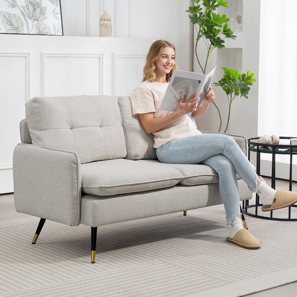 HOMCOM Divano 2 Posti con Cuscini Imbottiti e Gambe in Acciaio, in Tessuto Effetto Lino, 139L x 68P x 80A cm, Bianco Crema | Aosom Italy