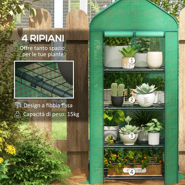 Outsunny Serra per Orto da Giardino con Porta Avoolgibile e 4 Ripiani in Metallo e Copertura in PE, 69x49x158cm, Verde Scuro | Aosom Italy
