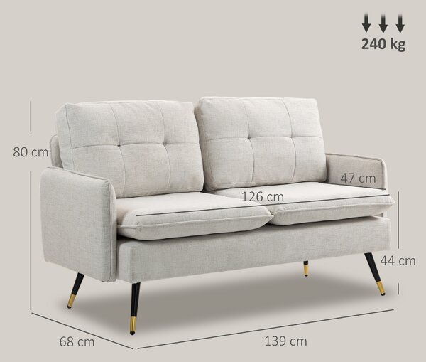 HOMCOM Divano 2 Posti con Cuscini Imbottiti e Gambe in Acciaio, in Tessuto Effetto Lino, 139L x 68P x 80A cm, Bianco Crema | Aosom Italy