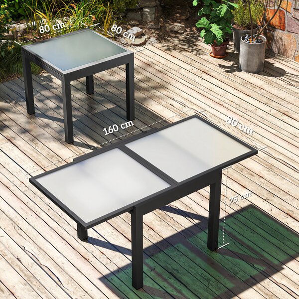 Outsunny Tavolo da Pranzo Allungabile da Giardino con Piano in Vetro e Alluminio, 80-160x80x75 cm, Nero e Trasparente | Aosom Italy