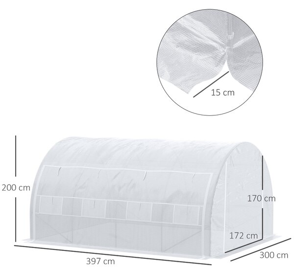 Outsunny Serra a Tunnel con Porta, Pannelli e 8 Finestre Avvolgibili, in Acciaio Zincato e PE, 3.97x3x2 m, Bianco | Aosom Italy