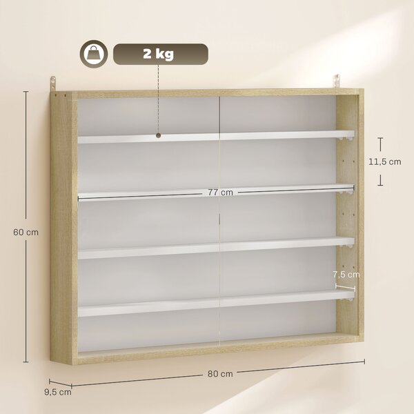 HOMCOM Bacheca Portaoggetti a 4 Ripiani Regolabili in Legno con Ante in Vetro, 80x9.5x60 cm, Bianco e color Legno | Aosom Italy