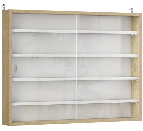 HOMCOM Bacheca Portaoggetti a 4 Ripiani Regolabili in Legno con Ante in Vetro, 80x9.5x60 cm, Bianco e color Legno | Aosom Italy