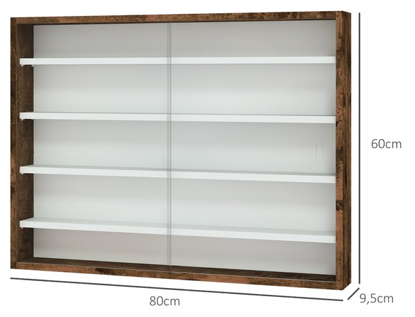 HOMCOM Bacheca Portaoggetti a 4 Ripiani Regolabili, Vetrina a Muro in Vetro e Legno, 80x9.5x60 cm, Marrone | Aosom Italy