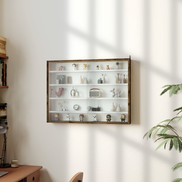 HOMCOM Bacheca Portaoggetti a 4 Ripiani Regolabili, Vetrina a Muro in Vetro e Legno, 80x9.5x60 cm, Marrone | Aosom Italy