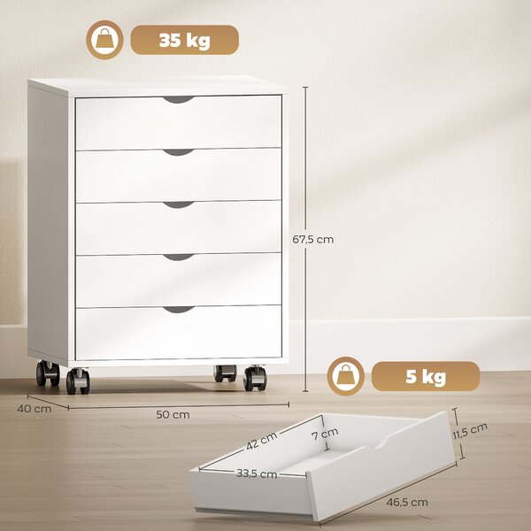HOMCOM Cassettiera da Ufficio con 5 Cassetti per Documenti A3, Ruote e Blocco, 50x40x67.5 cm, Bianco | Aosom Italy