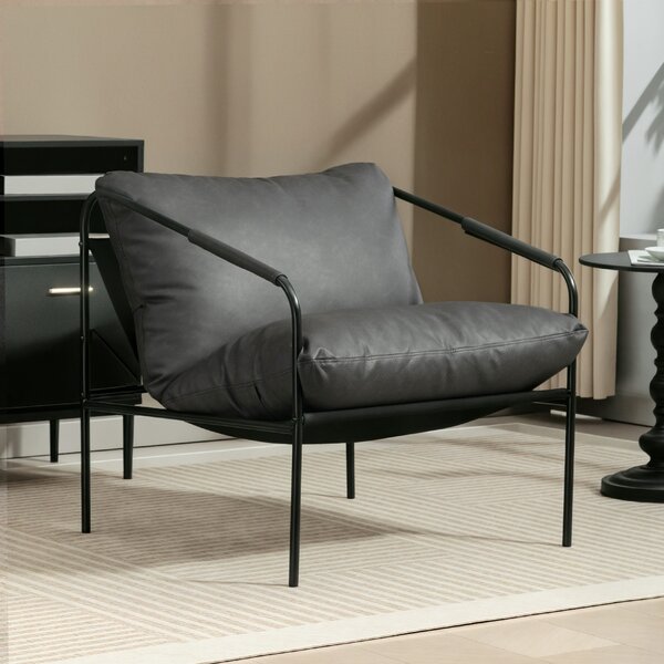 HOMCOM Poltrona da Salotto in Pelle PU e Telaio in Metallo con Cuscini Spessi, 74.5x75x77 cm, Grigio Carbone | Aosom Italy