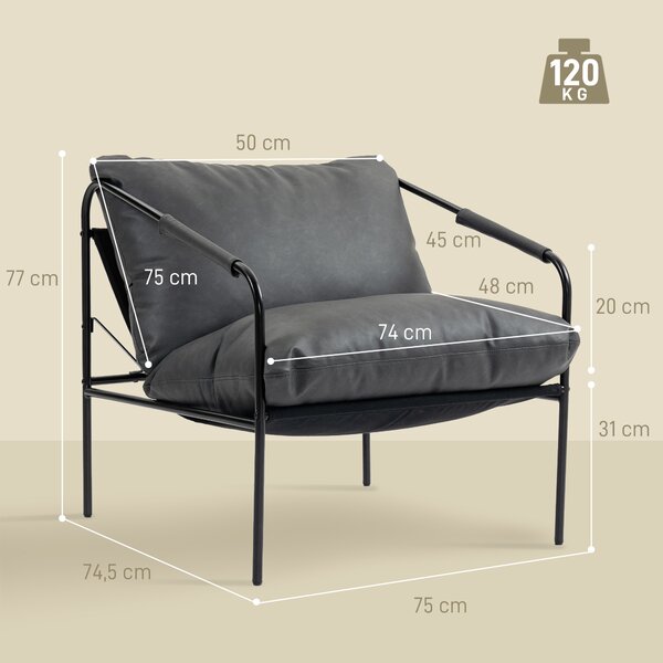 HOMCOM Poltrona da Salotto in Pelle PU e Telaio in Metallo con Cuscini Spessi, 74.5x75x77 cm, Grigio Carbone | Aosom Italy