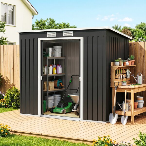 Outsunny Capanno Attrezzi con Tetto Inclinato, 2 Ingressi e Prese d'Aria, in Acciaio, 213x130x172 cm, Grigio Scuro | Aosom Italy