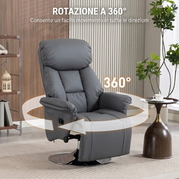 HOMCOM Poltrona Relax Girevole Reclinabile 130° con Poggiapiedi, Braccioli Svasati, in Finta Pelle, Grigio | Aosom Italy