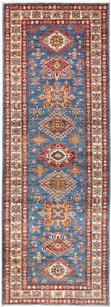 Tappeto Kazak Fine Pakistan Geometrico Blu Rosso 83x245 Cm