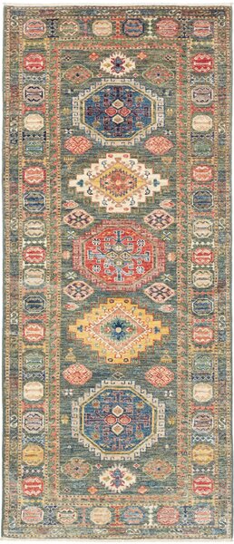 Tappeto Kazak Fine Pakistan Geometrico Verde Petrolio Rosso 78x188 Cm