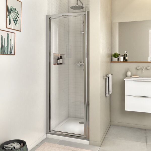 Box doccia con ingresso frontale porta battente battente Essential 70 cm, H 185 cm in vetro, spessore 4 mm trasparente cromato