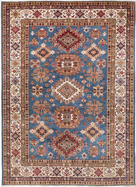 Tappeto Kazak Fine Pakistan Geometrico Blu Petrolio Rosso 173x237 Cm