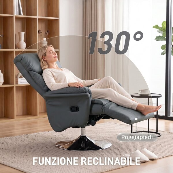 HOMCOM Poltrona Relax Girevole Reclinabile 130° con Poggiapiedi, Braccioli Svasati, in Finta Pelle, Grigio | Aosom Italy