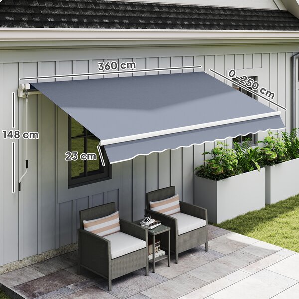 Outsunny Tenda da Sole a Bracci Avvolgibile con Apertura a Manovella in acciaio per Esterno, 360x250 cm, Grigio | Aosom Italy