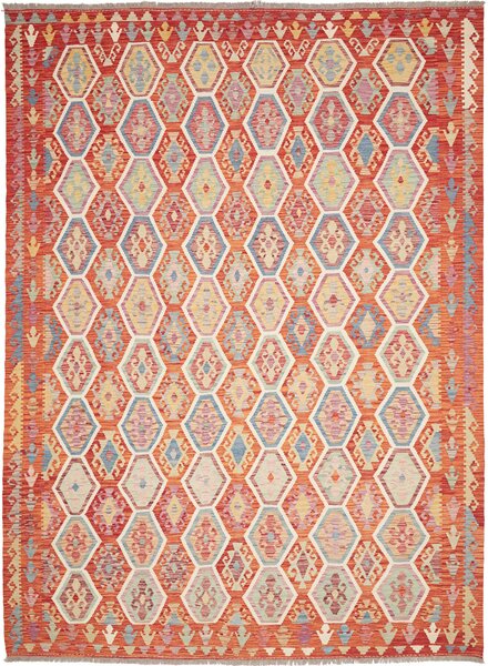 Tappeto Kilim Afghanistan Astratto Terracotta Azzurro 253x344 Cm
