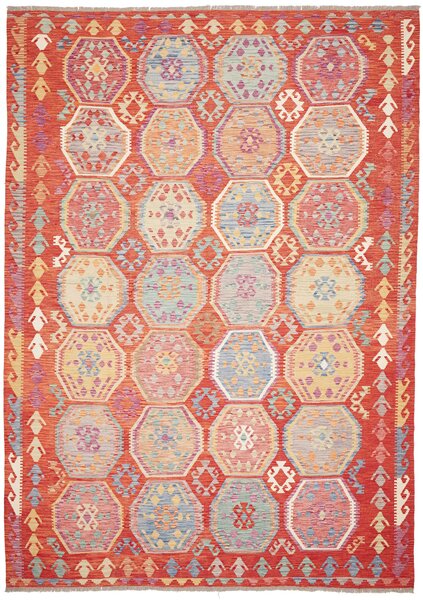 Tappeto Kilim Afghanistan Astratto Rosso Pastello Multicolore 252x359 Cm