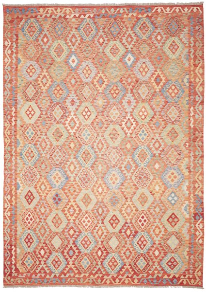 Tappeto Kilim Afghanistan Geometrico Arancio Azzurro 256x357 Cm