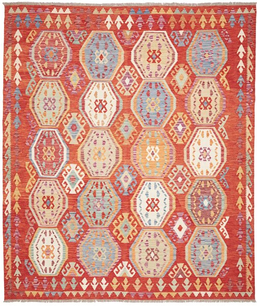 Tappeto Kilim Afghanistan Geometrico Terracotta Policromo 250x292 Cm