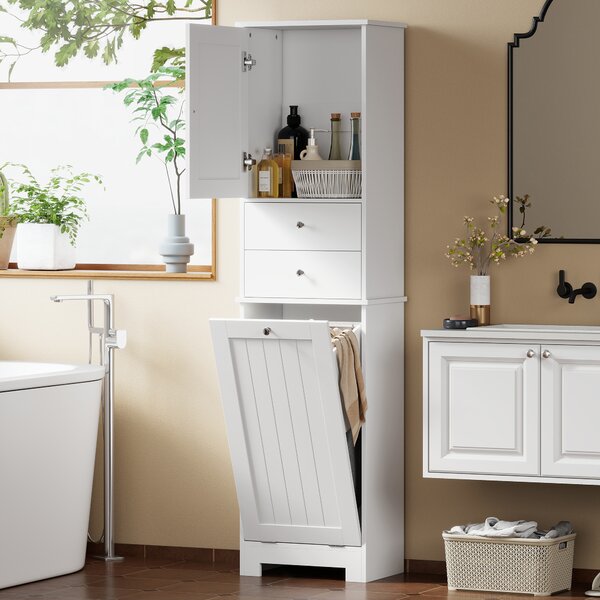 HOMCOM Mobile Bagno con Cesto per Biancheria Pieghevole, Armadietto e 2 Cassetti, in Legno, 45x30x171 cm, Bianco | Aosom Italy