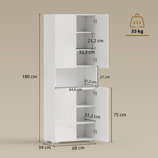 HOMCOM Credenza Cucina Alta 180cm, Mobile Dispensa con Ante Soft-Close, Ripiano Aperto, 2 Armadietti, Ripiani Regolabili, Mobile Cucina Moderno per Sala da Pranzo Soggiorno, Bianco Lucido | Aosom Italy
