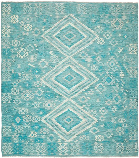 Tappeto Kilim Afghanistan Geometrico Turchese Azzurro 255x298 Cm