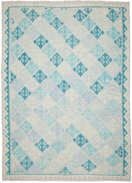 Tappeto Kilim Afghanistan Astratto Azzurro Turchese Bianco 250x349 Cm