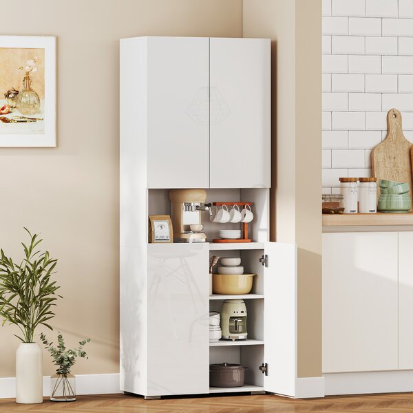 HOMCOM Credenza Cucina Alta 180cm, Mobile Dispensa con Ante Soft-Close, Ripiano Aperto, 2 Armadietti, Ripiani Regolabili, Mobile Cucina Moderno per Sala da Pranzo Soggiorno, Bianco Lucido | Aosom Italy