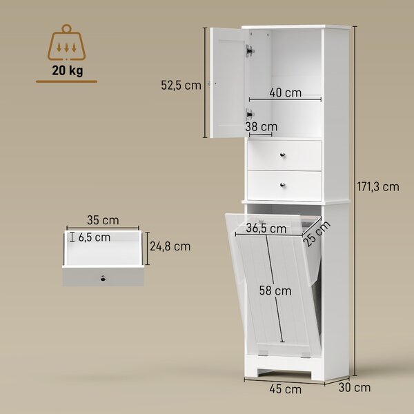 HOMCOM Mobile Bagno con Cesto per Biancheria Pieghevole, Armadietto e 2 Cassetti, in Legno, 45x30x171 cm, Bianco | Aosom Italy