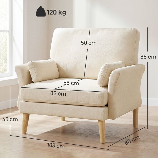 HOMCOM Poltrona Imbottita Effetto Velluto con Gambe in Legno per Soggiorno e Camera da Letto, 103x80x103 cm, Bianco Crema | Aosom Italy