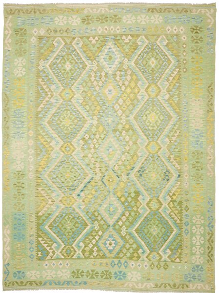 Tappeto Kilim Afghanistan Geometrico Verde Azzurro 256x340 Cm