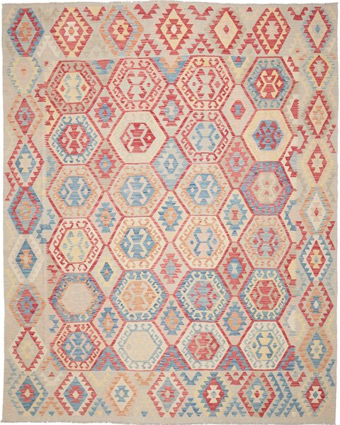 Tappeto Kilim Afghanistan Geometrico Beige Rosso Azzurro 267x340 Cm