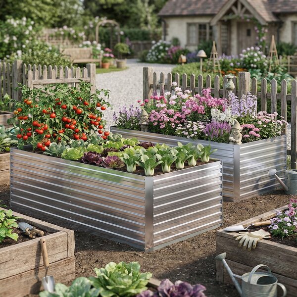 Outsunny Set di 2 Aiuole Rialzate in Metallo Galvanizzato con Bordo Sicuro, Fioriera Elevata per Verdure, Argento | Aosom Italy
