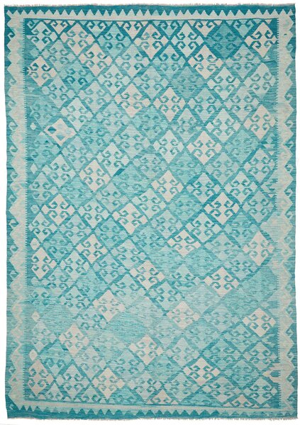 Tappeto Kilim Afghanistan Geometrico Acquamarina Turchese 245x350 Cm