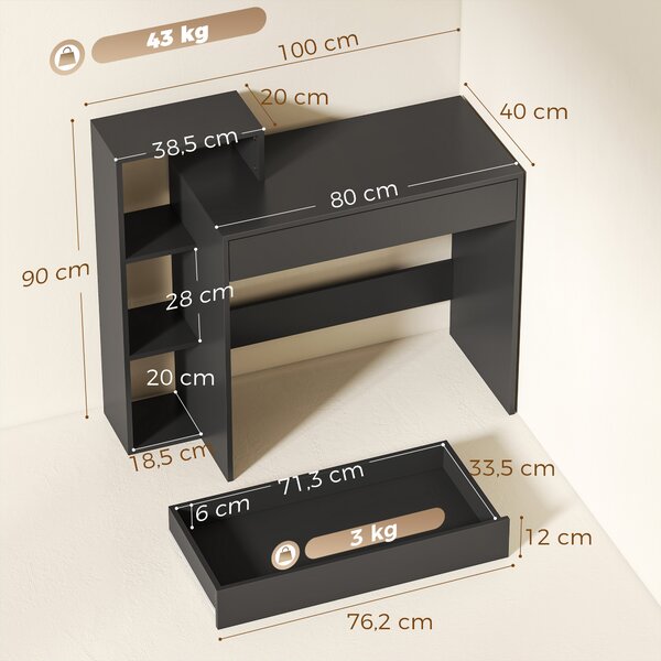 HOMCOM Scrivania PC Moderna con 3 Ripiani Aperti e Cassetto, in Legno Nero, 100x40x90 cm | Aosom Italy